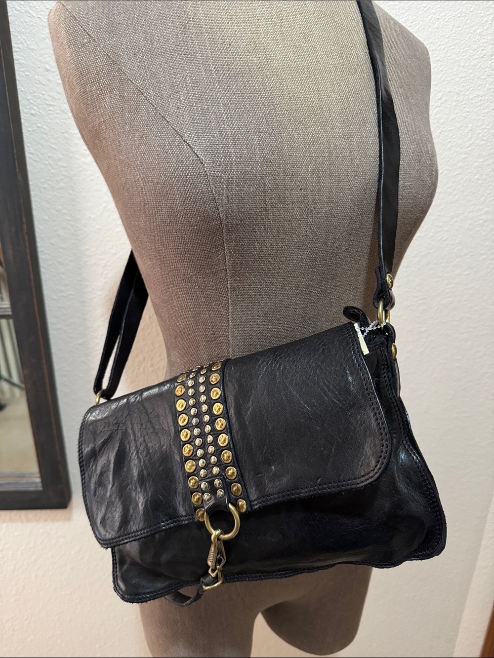Campomaggi Black Leather Crossbody with Gold Stud Detailing